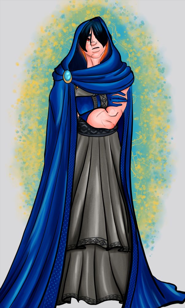 Image of a tall muscular woman with bi-colored black and red hair. The black hair is on top of her head, and the red is on the lower half. She wears a long embroidered. Blue hooded cloak with a grey Grecian dress, her hands are swathes in blue gloves to about the middle of her arm. She is surrounded by a teal and yellow halo of 