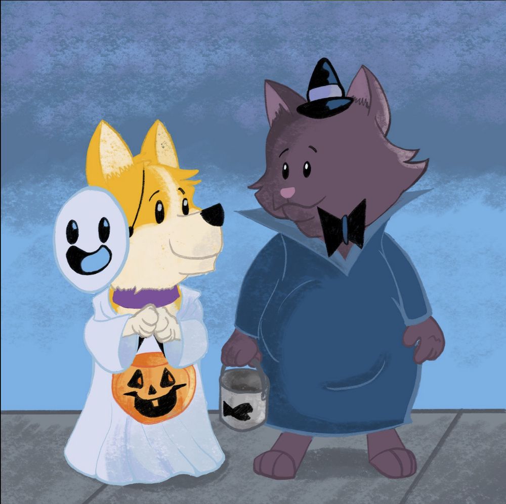 Image of a two little animals going trick or treating. One is a Corgi, dressed as a ghost, the other is a larger kitty dressed as a witch with a bow tie. They both hold little Halloween buckets, and smile at each other as they prepare to go out. 