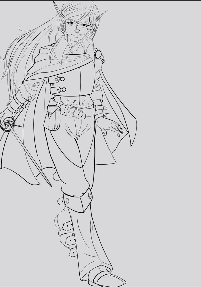 Black ink digital image of an elven woman with a rapier walking towards the viewer. 