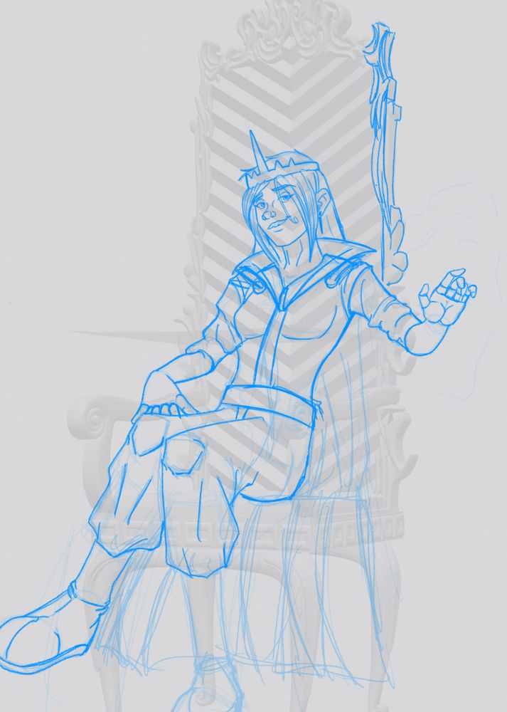 Blue pencil image of a woman sitting on a throne wearing a crown with a smirk on her lips.