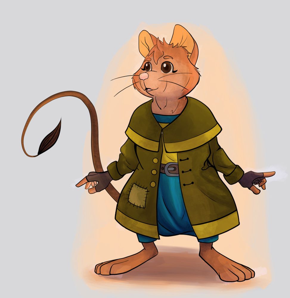 Image of an anthropomorphic mouse, she is wearing a long patched coat with a half cowl at the top, baggy pants, and a simple top.
