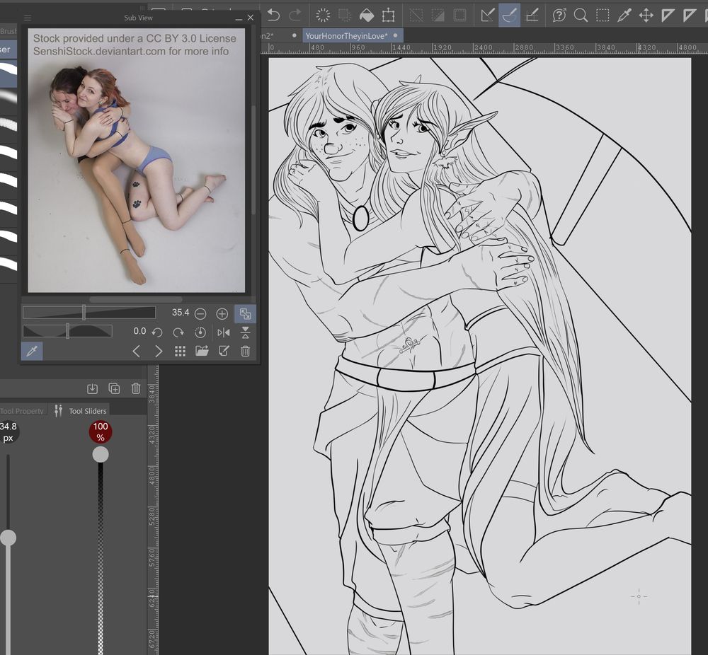 Image of a drawing program, with a reference image from adorkastock of two women embracing each other on the ground and looking up at the camera. To the right there is a drawing, similar to the reference image, with two women embracing on a blanket under an ambrella. 