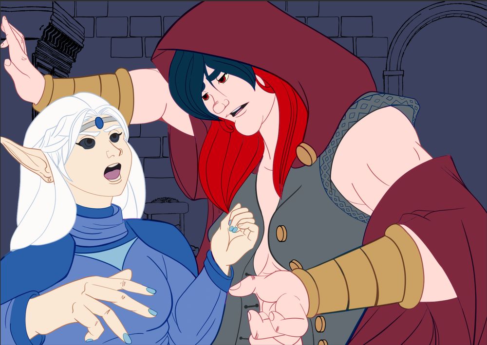 Unfinished image of an elven woman, and a much taller human woman in the middle of an argument. The elven woman looks angry. While the human woman just looks sad.