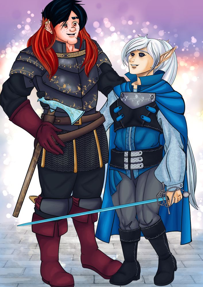 Image of two female knights, the taller one wearing heavy plate armor with golden filigree looks down on the smaller one wearing a blue cape, and black leather armor with a blue shirt covered in silver filigree. 
