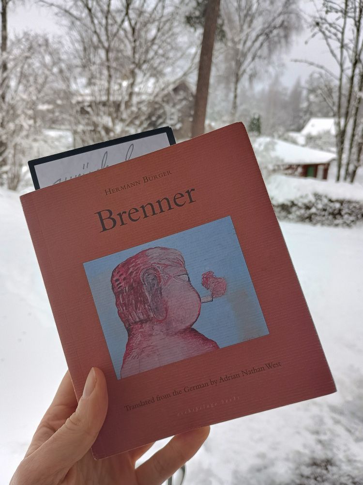 The book 'Brenner' by Hermann Burger, held up against a snowy backdrop.