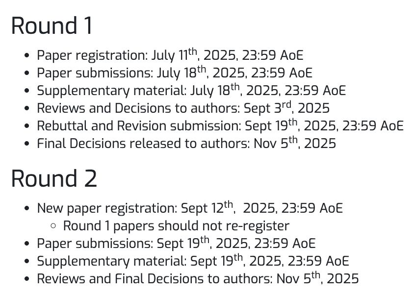 A screenshot of the important dates for the WACV2026 submission process.