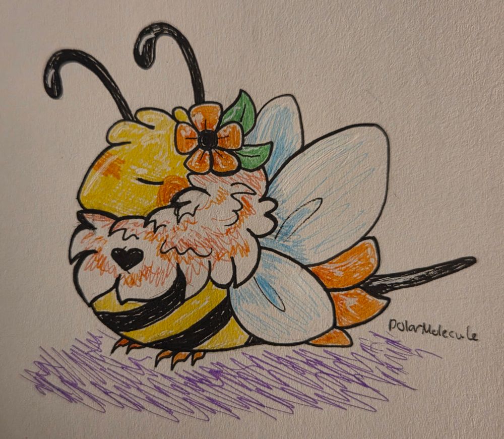 A traditional colored sketch of a bee-like bird character sleeping in a loaf position
