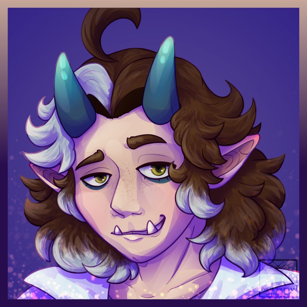 A portrait of a scientist oni character smirking