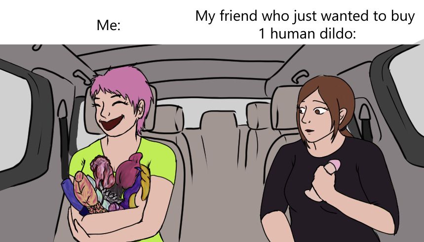 A parody of the meme with Taron Egerton and Richard Madden where Egerton is in full Elton John costume and Richard Madden in all black, looking mildly uncomfortable in a car. This version has Leth holding an armful of Strange Bedfellas toys, with a plainer version of Leth holding a single human dildo and looking at the fantasy toys with concern