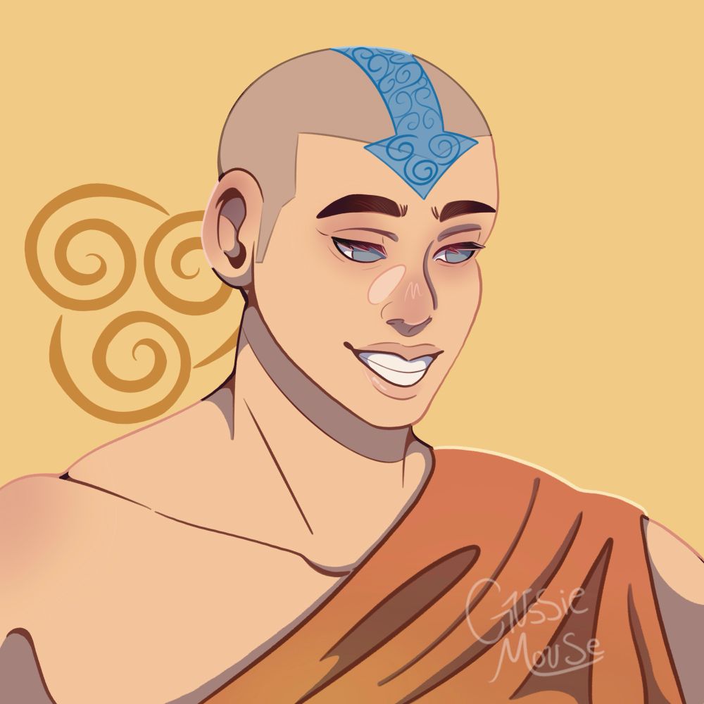 Aang smiling with a yellow backdrop and the Air symbol hovering over his left shoulder 