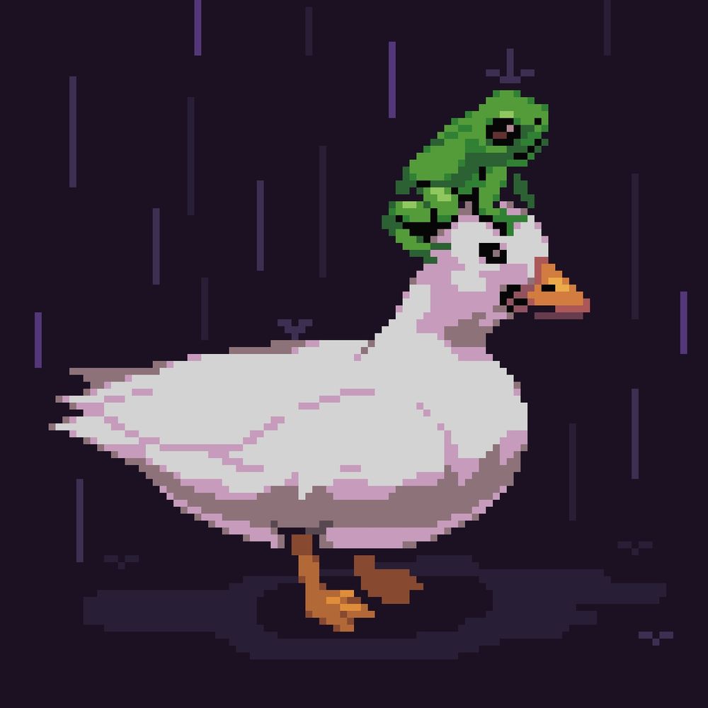 A duck with a frog on its head keeping it dry from the rain