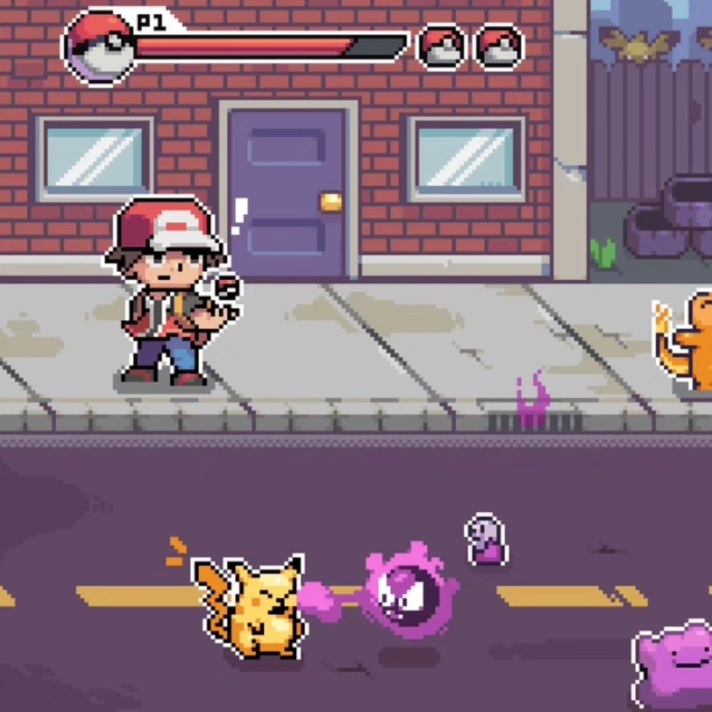 Its a city scene with red fighting team rocket in a pokemon battle