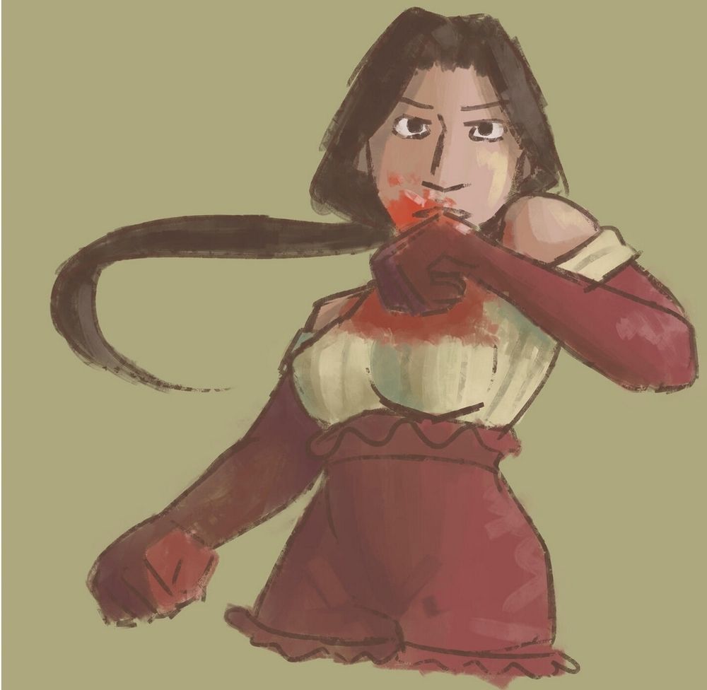 A painting of a pale woman with dark hair wiping blood off of her face. 
