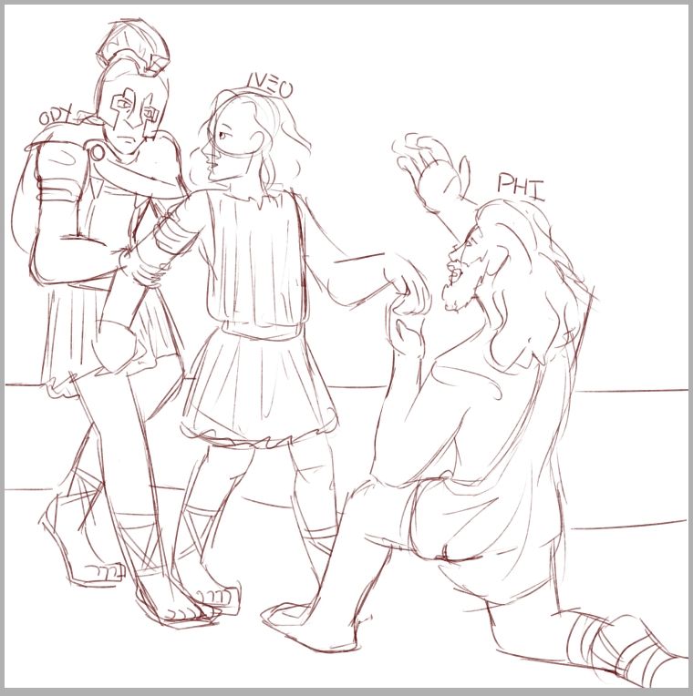 two men and a boy are pictured. One man, labelled "ODY" for Odysseus, is dressed in ancient Greek armor and is pulling back the boy, labelled "NEO" for Neoptolemus, from the second man, "PHI" for Philoctetes, who is on his knee and supplicant towards the boy, who holds out his hand to Philoctetes. Neoptolemus is not wearing armor. 
