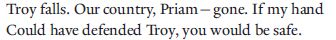 Troy falls. Our country, Priam—gone. If my hand
Could have defended Troy, you would be safe.