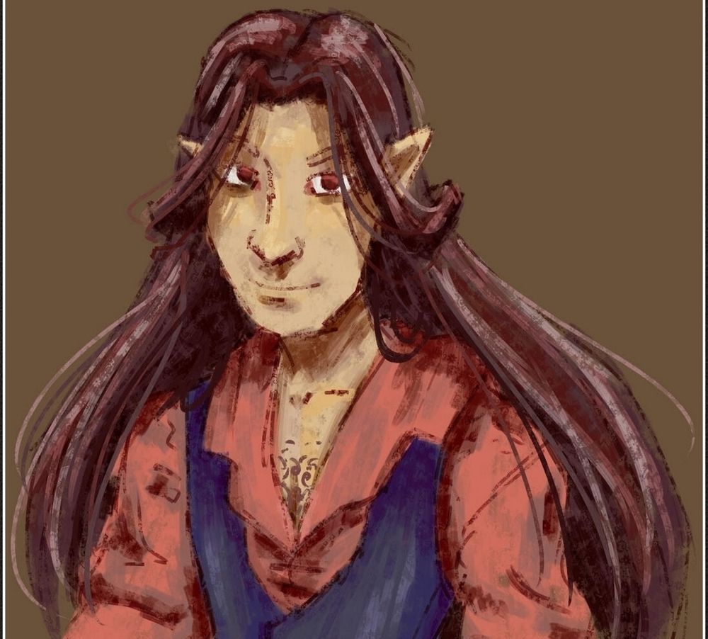 Painting of a long dark haired man with light skin and a red shirt opened to his chest, with a black waistcoat underneath. 