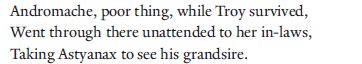 Andromache, poor thing, while Troy survived,
Went through there unattended to her in-laws,
Taking Astyanax to see his grandsire.