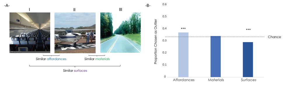 Left panel shows triplet similarity structure. Right panel is result: affordance outliers were more frequently chosen (at the expense of surfaces).