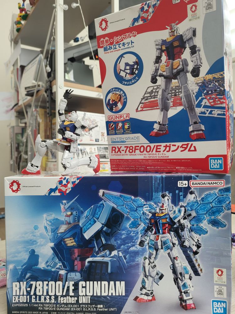 The two gunplay kits of the life size gundam in Osaka. The entry grade box and assembled model are balanced on top of the no grade (really high grade) kit's box.