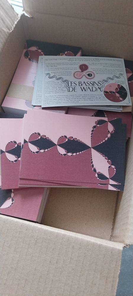 Carton ouvert contenant les cartes A6 de l'image Ulule du mois : les bassins de Wada pour la recherche des racines cubiques par la methode de Newton. L'image forme une fractale faite de "gouttes" dont le bord est formé de gouttes plus petites elles même formées de gouttes plus petites et ainsi de suite.