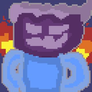 A purple figure with gray wavy hair and blue skin. There is fire behind them and they are standing in an unbothered manner.