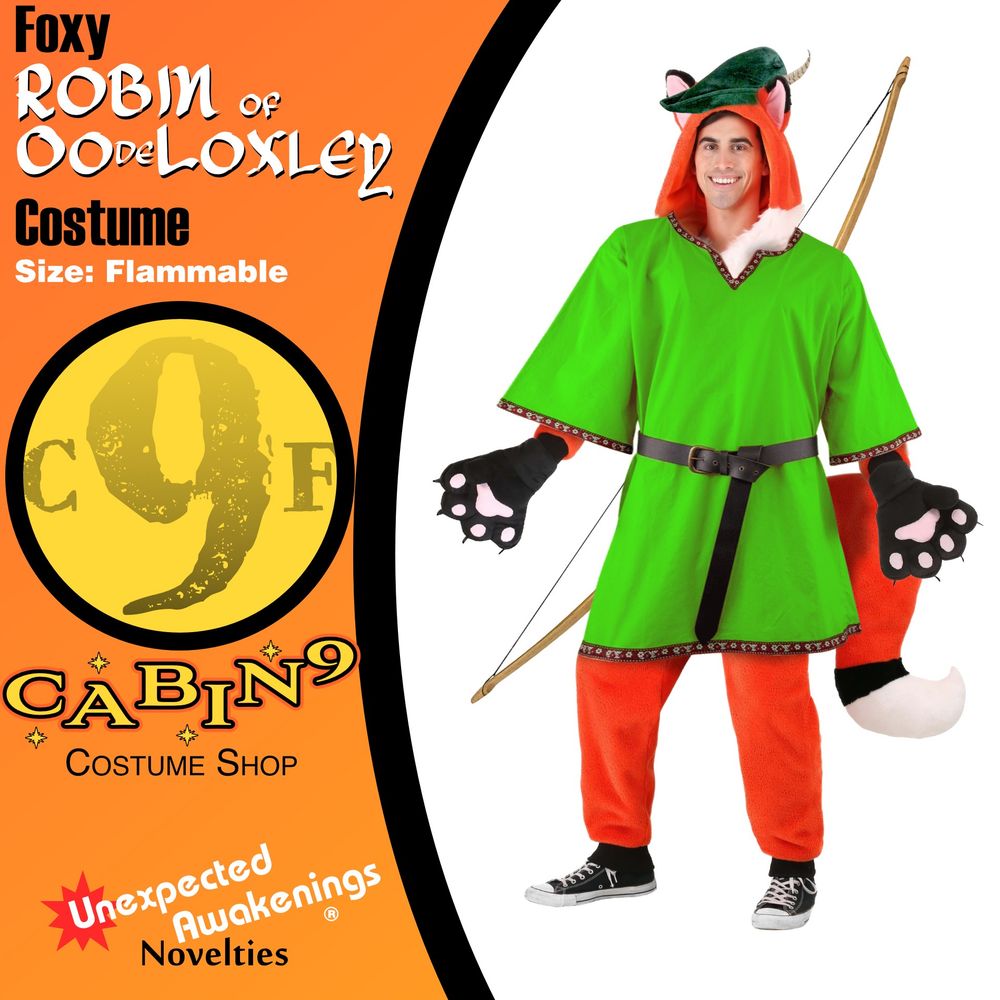 A Disney-esque Robin Hood costume made of a fox onesie, a tunic, a hat, and a bow.

Foxy Robin of OoDeLoxley Costume
Size: Flammable
Cabin 9 Costume Shop
Unexpected Awakenings Novelties®