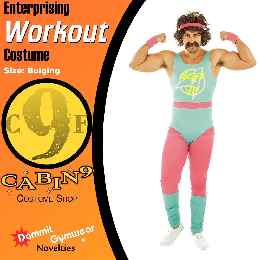 A costume made of a leotard and leggings, headband, mustache, 70s curl wig, sweatbands, with a label that's the Starfleet logo with Beam Me Up written over it.

Text:
Enterprising Workout Costume
Size: Bulging
Cabin9 Costume Shop
Dammit Gymwear Novelties®