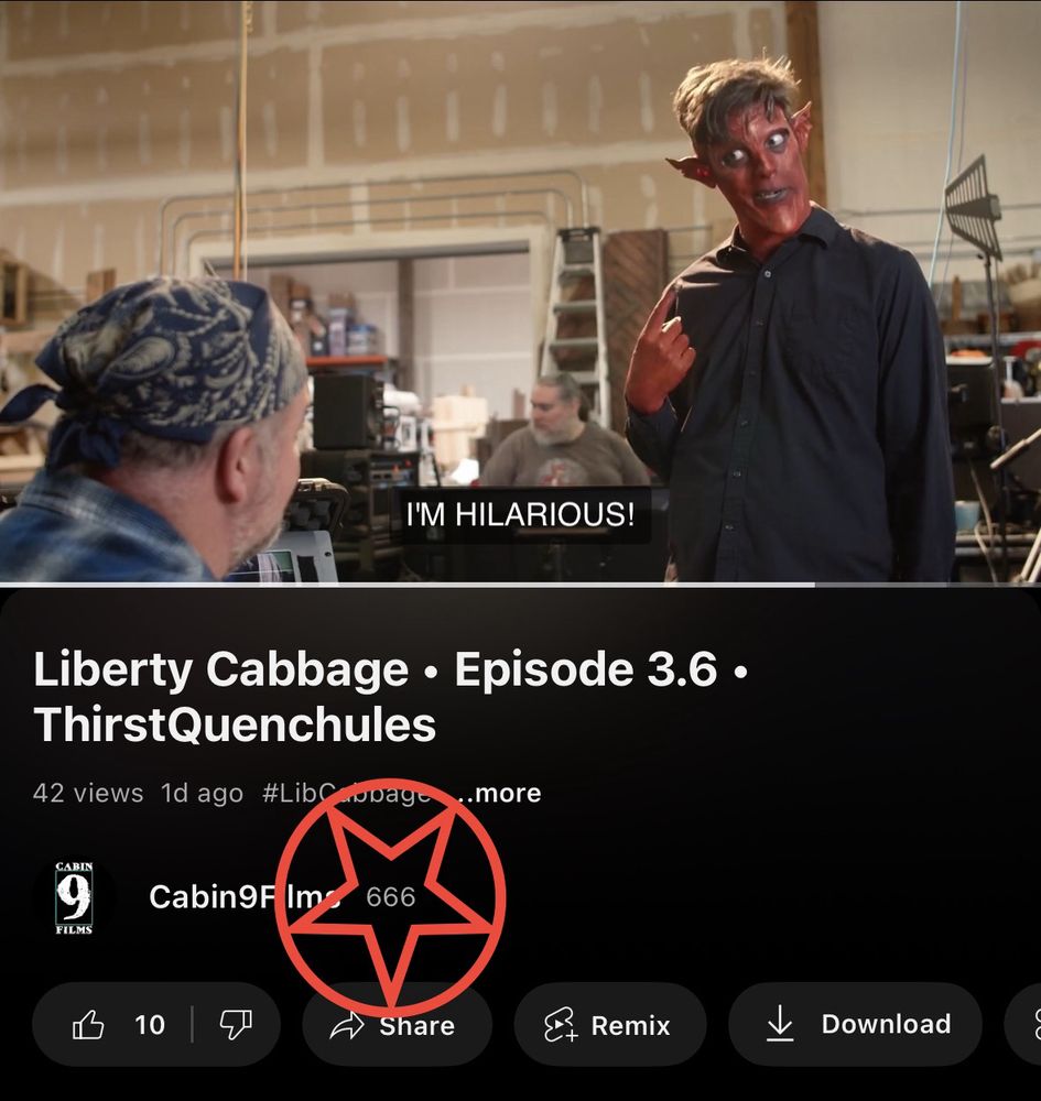 Screenshot of the Cabin 9 Films YouTube page showing Satan saying “I’m hilarious!” There is a pentagram icon over the number of subscribers which has reached 666.
. 