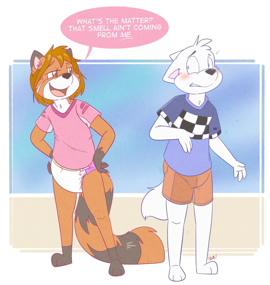 A picture of two anthro, elementary-age children, a boy (arctic fox) and a girl (red panda). The arctic fox, sporting a blue shirt with a checkered flag pattern and brown shorts with the outline of a diaper underneath them, looks embarrassed to be caught. The red panda, wearing just a pink shirt and simple-patterned white and pink diaper, holds her hands on her hips, a teasing expression on her face.

Speaking to her flustered friend, the girl says: "What's the matter? That smell ain't coming from me."
