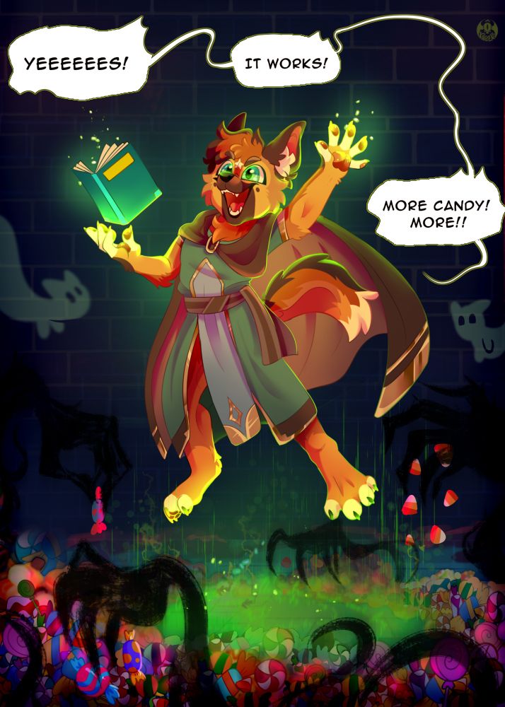 Floating anthro German Shepherd casting magic to summon a bunch of candy