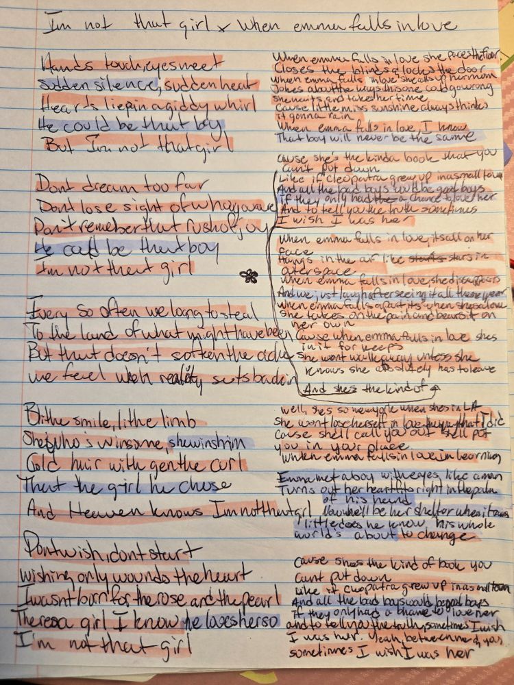 Hand written lyrics to I'm not that girl from wicked next to When Emma falls in love by Taylor Swift highlighted with pink and blue