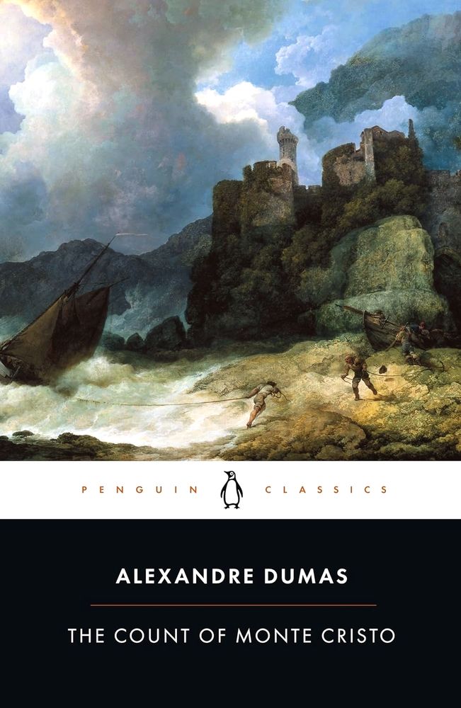 Penguin Classics cover of count of monte cristo, featuring a painting of a castle on a strand with small figures on the rocks hauling a capsized boat from a raging sea.