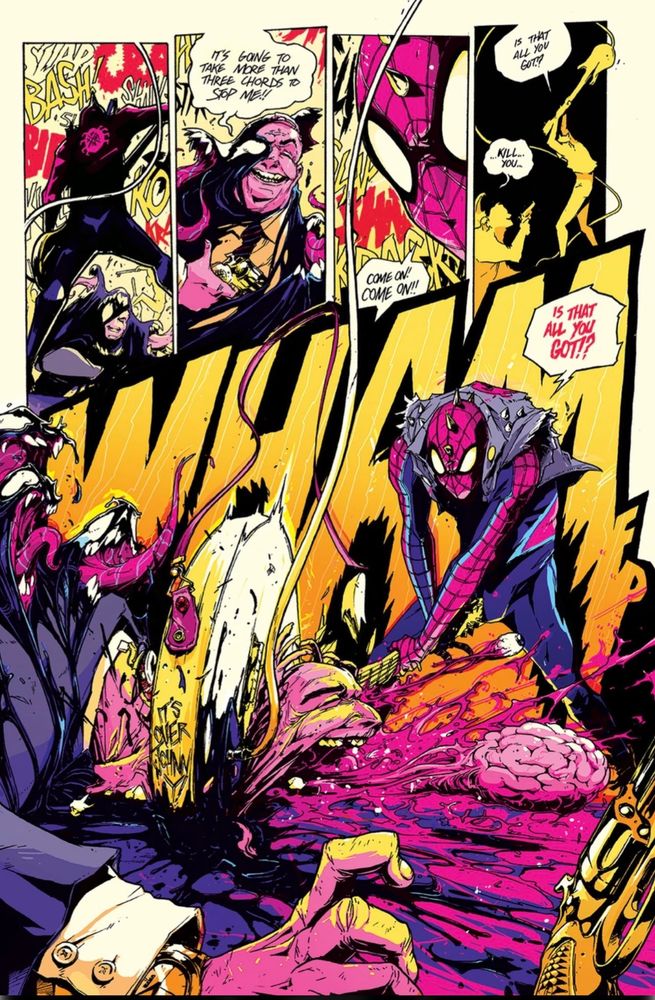 a page from Spider-Punks introductory run that depicts the final fight between spider-man and Osborne, with the final panel being an image of Osborne's head being splattered against the floor by a guitar, with spider-man saying "is that all you got"