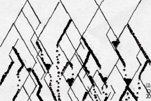 a card filled with slashes resembling cracks on a blank wall, with seeps of periods dripping out of and down some of the cracks and collecting inside others