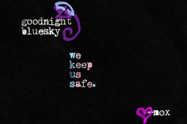 A typewritten note that reads "goodnight Bluesky. We keep us safe" white on black and a doodle of a sleeping cat. The words "we keep us safe" are colored in with the colors of the trans pride flag.