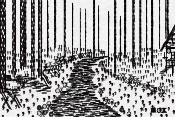 an abstract image of a stream through a forest of dead trees, made using overlapping letters and punctuation marks from a typewriter