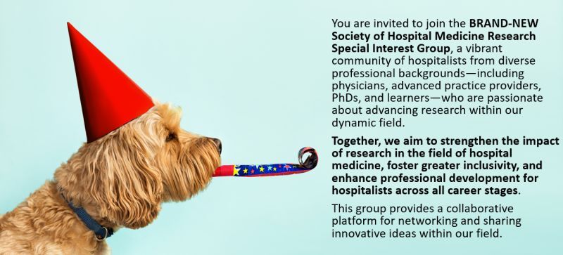 Dog with hat and text about SHM Research SIG