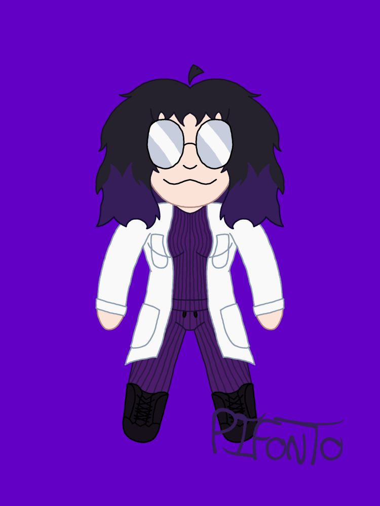 A woman with messy black hair and pale skin. The lower part of her hair is dark purple.
She wears opaque glasses, purple pajamas/pyjamas, a white lab coat, and a pair of black boots.