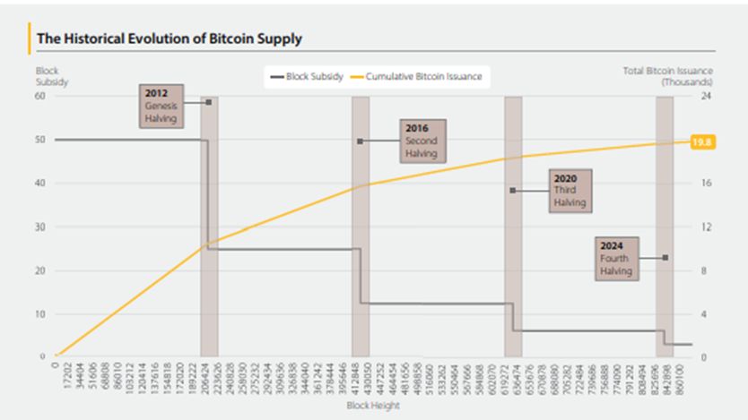 The historical evolution of BTC supply, cumulative and per-period.
