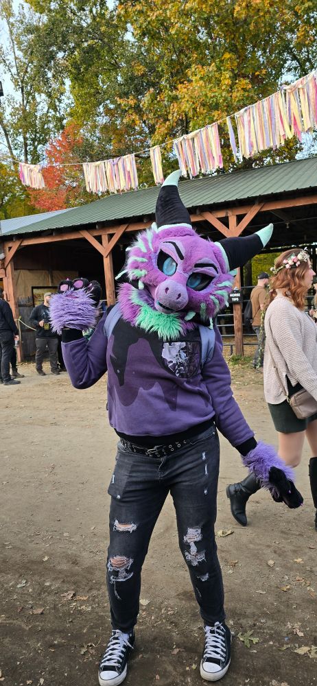 Purple and teal fursuiter, dragon?