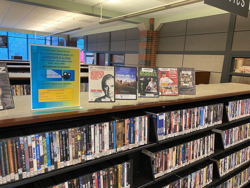 A picture of the YDL Documentary Collection display with titles Food Inc, 2, Spellbound, and Unfractured Memories.