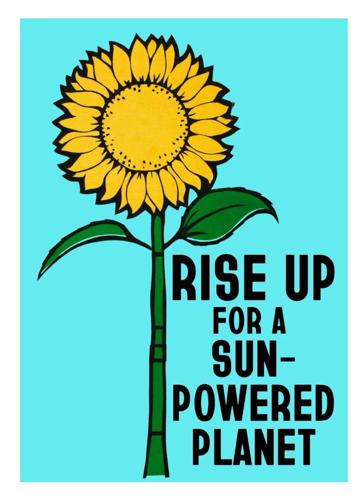 Bright turquoise poster with yellow sunflower illustration and text reading 'Rise Up for a Sun-Powered Planet' promoting renewable energy awareness
