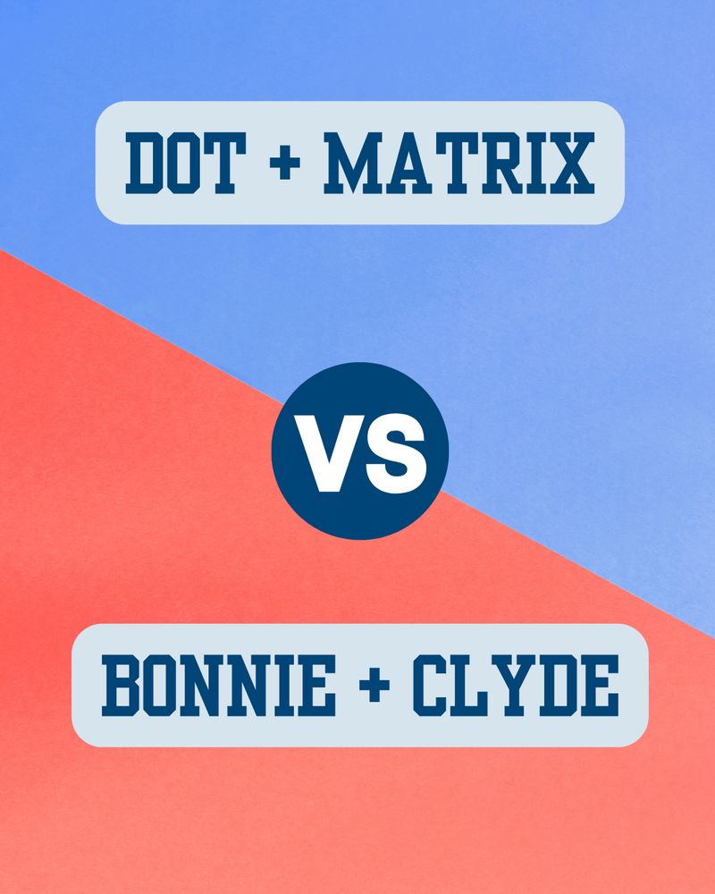 Graphic showing DOT + MATRIX versus BONNIE + CLYDE in white text boxes on a split blue and coral background with a dark blue circle containing 'VS' in the center.