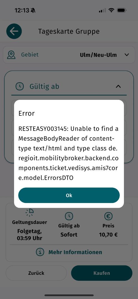 The image displays a smartphone interface with an error message related to a transportation ticket purchase. It indicates a specific error code and mentions issues with finding a content-type reader. The screen also shows location information for "Ulm/Neu-Ulm," an activation