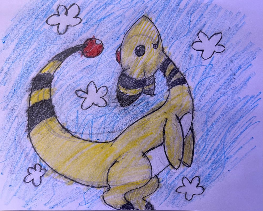 A drawing of an Ampharos being whimsical and jolly :)