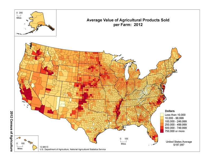 2012 map showing average vale of Agricultural Products Sold per Farm. There are noticeable concentrations several US states, especially eastern North Carolina up through the Chesapeake Peninsula, southern Florida, the Lower Mississippi River Basin, the western Great Plains and Midwest (roughly, eastern New Mexico and Texas panhandle extending up to Nebraska panhandle and from there east to Iowa, western Minnesota and the Dakotas), the Imperial Valley (California and Arizona border), several counties in central California, southern Idaho, and eastern Washington.
