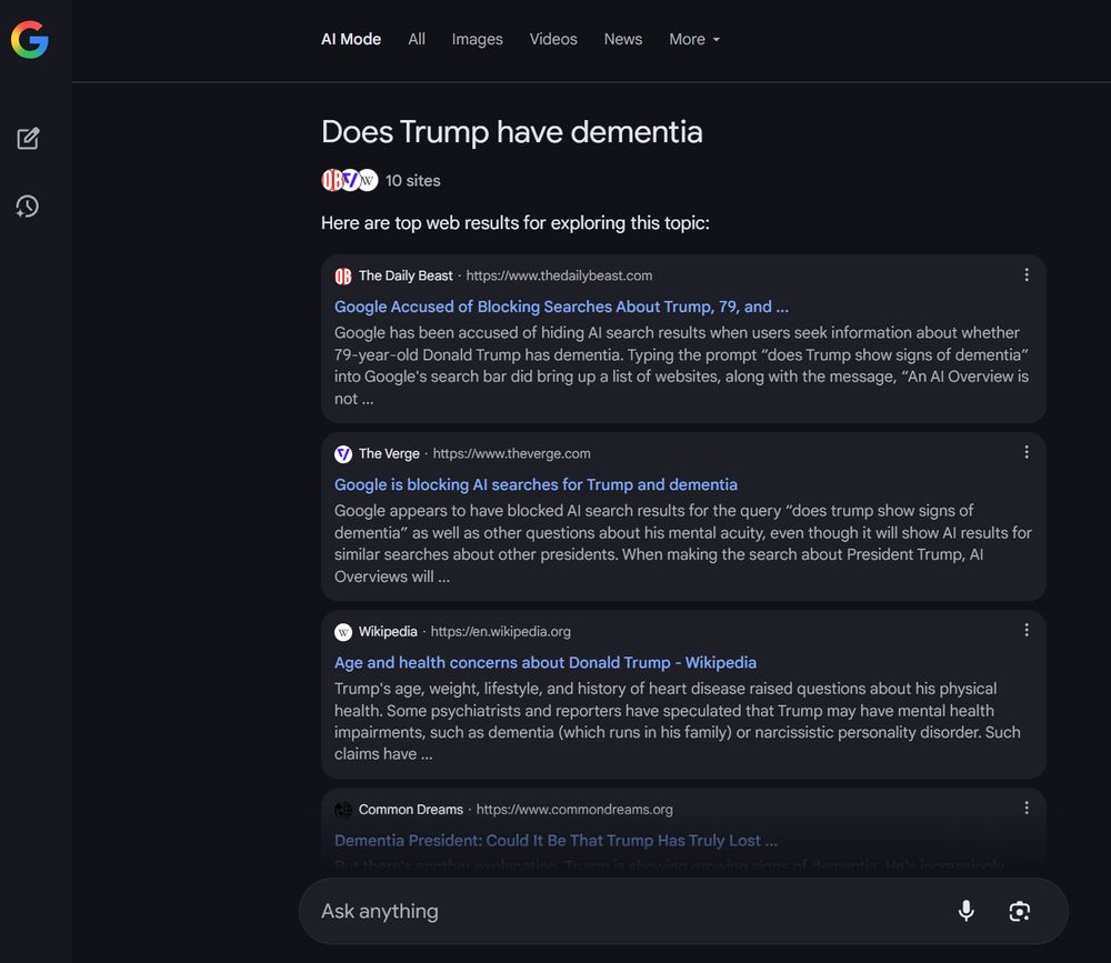Google AI only responds with links to websites when asked, "Does Trump have dementia?"
