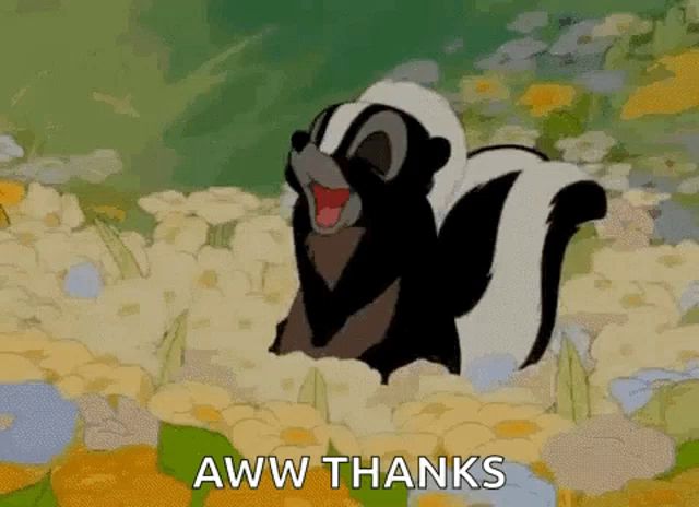 a cartoon skunk is standing in a field of flowers with the words aww thanks written below it .