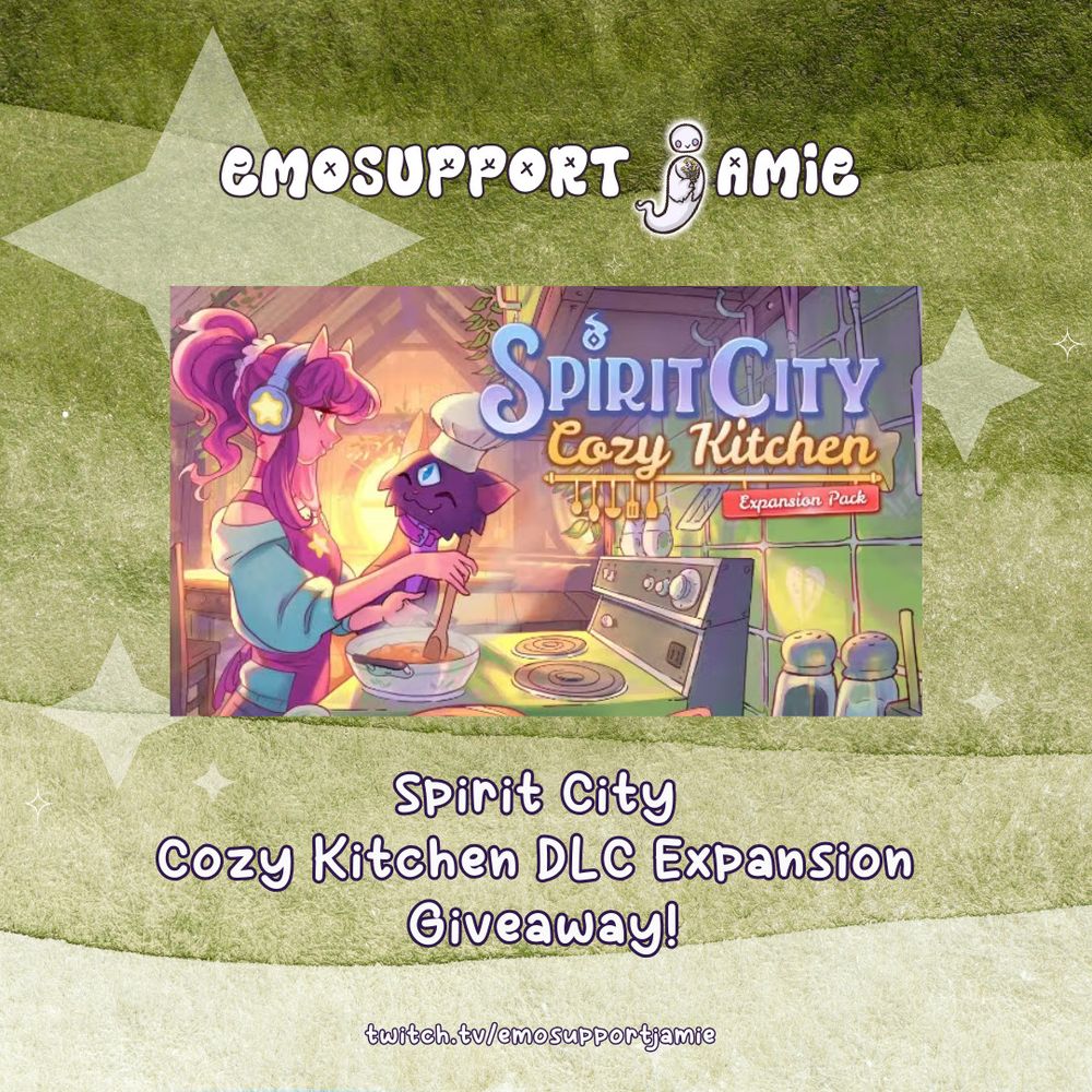 The image features a promotional graphic for a giveaway of the "Spirit City Cozy Kitchen DLC Expansion." The background is a textured gradient of light to dark green with star patterns. At the top, the text "EmoSupportJamie" is displayed in a whimsical font with a small ghost figure beside it. Below this, a colorful illustration showcases a person with pink hair wearing green clothing and large headphones stirring a bowl in a cozy kitchen setting. Next to them, a creature with a curious expression assists in the cooking. The kitchen includes an old-fashioned stove and hanging utensils in the background. Below the illustration, the text promotes the "Spirit City Cozy Kitchen DLC Expansion Giveaway!" At the bottom, it displays a Twitch channel link.