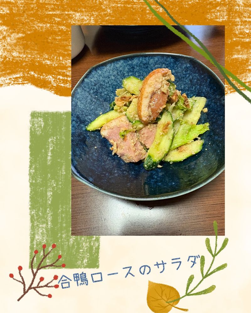 合鴨ロース、胡瓜、レタス、長葱、擂り胡麻、フライドオニオン、ワサビ、醤油系ドレッシング